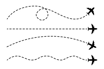 Airplane travel track with dotted line route. Aircraft tracking, different flight path of the plane