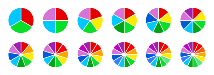 Pie chart collection, different segmented circle icons, color infographic flower round diagrams, pie chart divided equal parts, percentage wheel, sections, infographic wheel segment and fraction