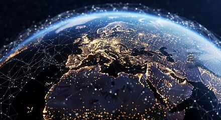Obraz premium Earth at Night Showing City Lights with Global Network