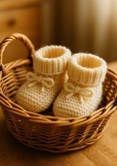 Knitted baby booties in wicker basket