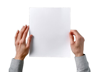 Two hands hold a blank white sheet of paper
