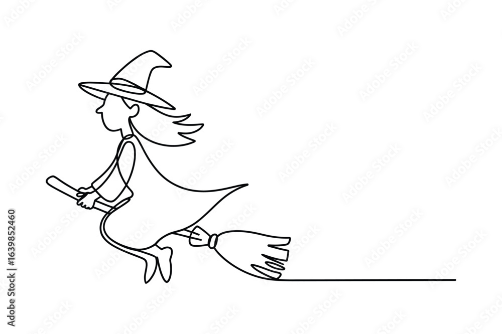 Poster continuous one-line drawing of a witch on a broomstick. a simple minimalist line art.