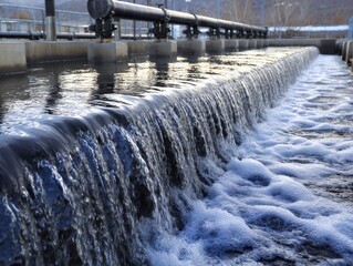 Water flows over a weir at a modern wastewater treatment facility, with pipes and foam visible in the foreground