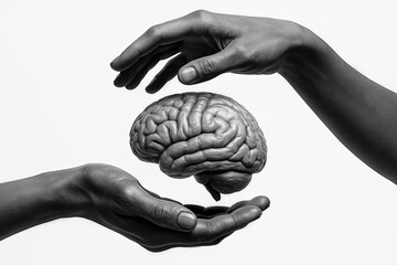 Two hands holding and protecting a brain model in monochrome. Symbolic representation of thought and intellect. Mental health, cognitive function, concept of care.