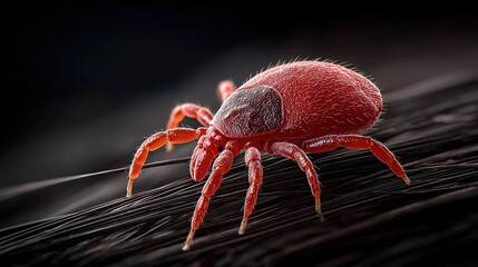 Realistic red-brown head louse gripping a strand of dark hair close to the scalp