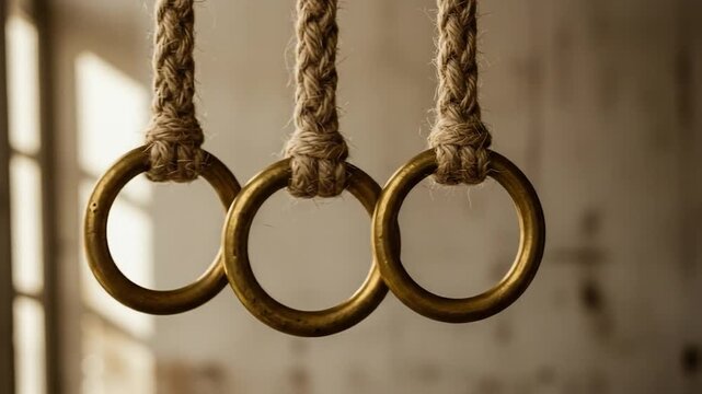 Gymnastic rings suspended by ropes for fitness training and exercise equipment