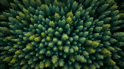 Healthy green trees in a forest of old spruce, fir and pine. vibrant coniferous forest from above. The frame is filled entirely with a seemingly endless canopy of tightly packed pine and spruce trees