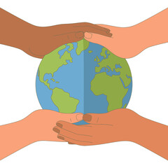 Diverse hands holding and protecting planet Earth, symbolizing global unity, environmental care, and international cooperation.