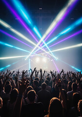 Obraz premium Crowd enjoying a concert under bright stage lights. An exciting view of the music scene. Live entertainment, fan enthusiasm, nightlife experience.