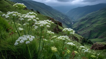 White umbel flowers of dill amidst ancient Mesopotamian hillside terraces