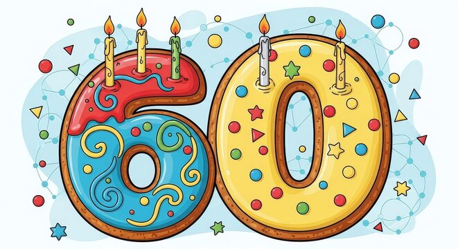 Colorful 60th Birthday Cake Numbers Illustration with Candles and Geometric Background