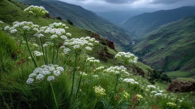 White umbel flowers of dill amidst ancient Mesopotamian hillside terraces