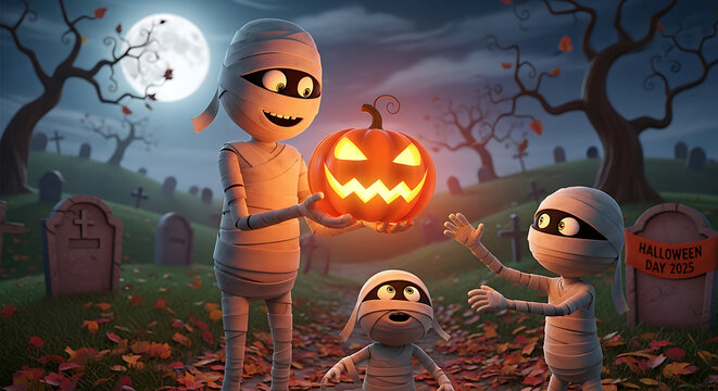 Cartoon mummies with a glowing pumpkin in a graveyard on halloween night under a bright full moon