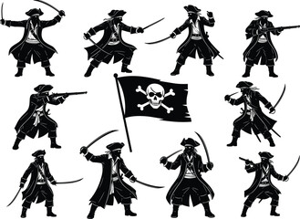 Pirate silhouette vector collection, vintage swashbuckler characters with swords and muskets, pirate flag, black and white clipart, adventure themed illustrations