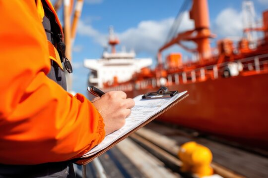 A person in an orange safety jacket inspects and writes on a clipboard near a large red cargo ship at a port