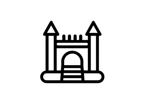 Simple, outlined, black castle icon.  Playful, child-friendly.  Two towers, arched gate, and base.  Fuzzy/noisy graphic effect