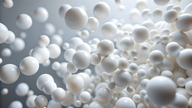 Abstract background of many small white spheres and balls, soft focus and shallow depth of field, clean and modern design with gentle lighting