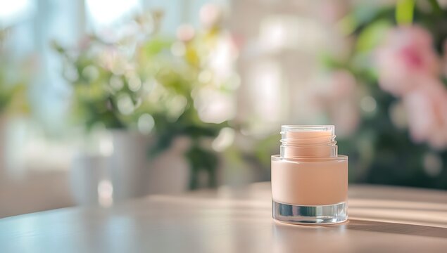 Glass bottle of liquid foundation on a wooden table with blurred floral background makeup cosmetic