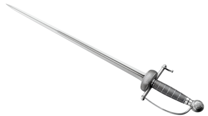 Ornate silver rapier sword with finely detailed grip and blade