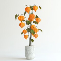 Vibrant orange flowers in a marble pot.