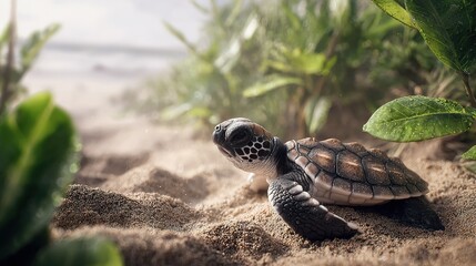 Fototapeta premium Tiny sea turtle emerges from sandy beach among lush green foliage near ocean