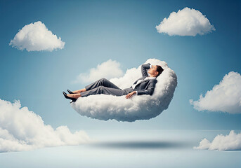 Businesswoman relaxing on cloud in the sky. An ethereal composition evoking serenity and imagination. Peaceful mindset, mental health, work life balance.