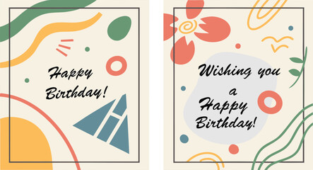 Naklejka premium Happy Birthday Greeting Card Layout. abstract vector illustration of two colorful birthday greeting cards on a neutral background.