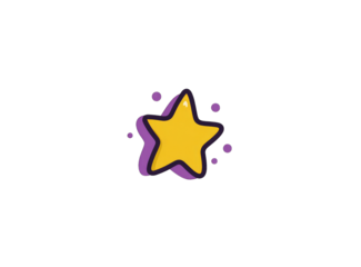 A yellow star with purple outlines, surrounded by small purple circles