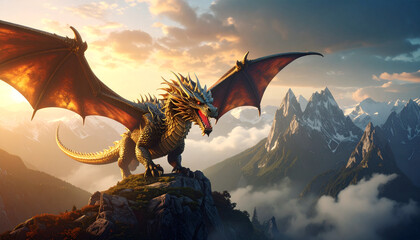 Majestic Dragon Soaring Above Mountainous Landscape at Sunset