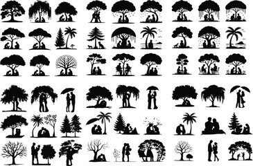 Couple Sitting Under Tree Silhouette – Romantic Love Icon Set Lovers Resting in Nature Silhouette – Couple Under Tree Icon