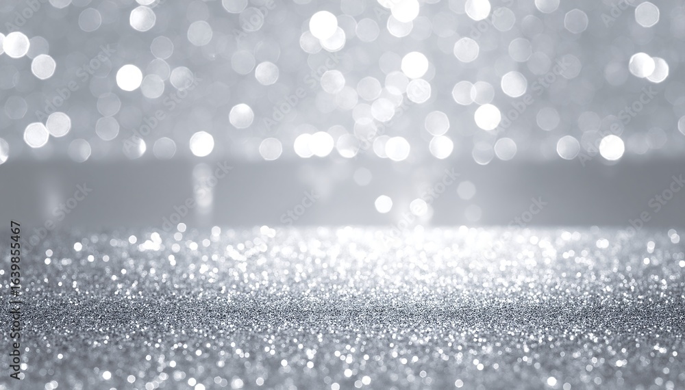 Poster a shimmering silver glitter background sparkles with tiny, reflective particles, creating a dazzling