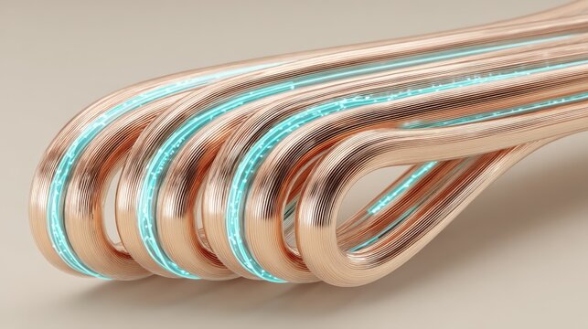 Coiled copper cables connected by neon-blue arcs for circuit visualization