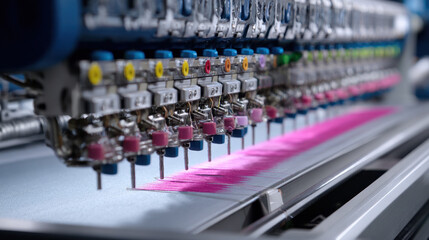 Automated embroidery machine stitching bright pink threads on fabric in a modern textile production facility