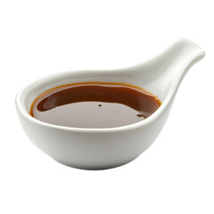 Brown sauce in a white porcelain dish isolated on transparent background cutout