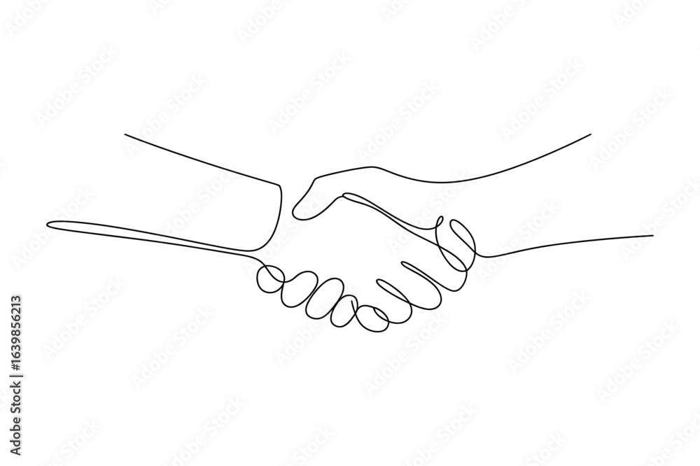 Poster continuous one-line drawing of a handshake. a simple minimalist line art.