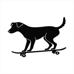 Playful dog riding a skateboard in a simple black silhouette