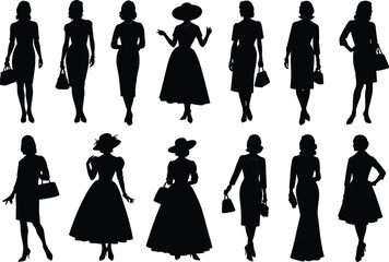 Vintage woman silhouette collection, retro lady fashion poses, elegant dress clipart, 1950s female figure vector, stylish handbag women illustration, classic feminine design