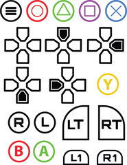 A comprehensive set of vector icons representing classic video game controller buttons, triggers, and directional pads. © RIKARDO