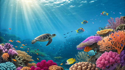 Naklejka premium Underwater sea life with turtle and coral reef ecosystem ocean wildlife marine life aquatic habitat