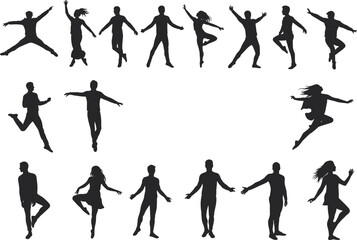 Silhouettes of people jumping, dancing, running, and posing, vector illustration of active human figures in motion, black silhouette set