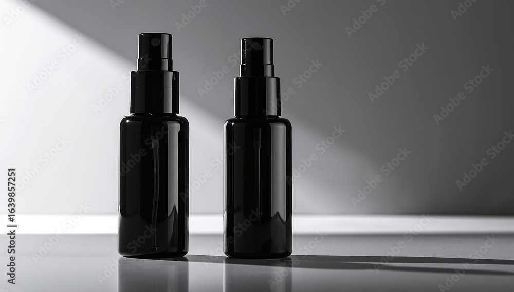 Poster two sleek black bottles stand side by side, their smooth surfaces reflecting light subtly. each bott