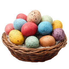 Colorful decorative eggs arranged in a woven basket for a festive spring celebration in a cozy indoor setting