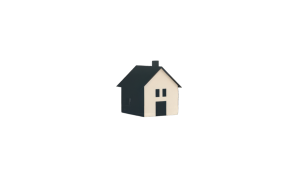 Simple, stylized house icon. Dark gray roof, light beige/cream colored walls. Two small windows. Slightly pixelated, giving a graphic, almost digital feel