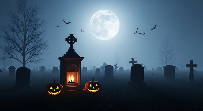 A spooky halloween night scene with pumpkins and gravestones under a full moon and flying bats