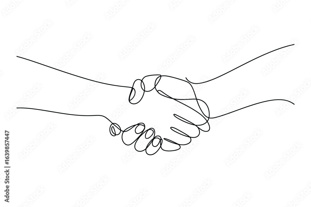 Poster continuous one-line drawing of a handshake. a simple minimalist line art.