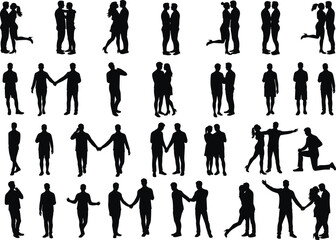 Silhouettes of couples in various poses, romantic and casual interactions, vector illustration of man and woman together, black silhouette set