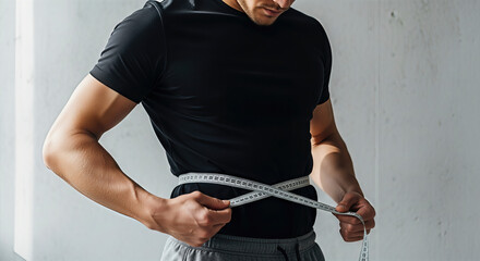 Muscular man measuring his waist with a tape measure indoors. A close-up shot of fitness and health. Weight control, body positivity, personal training.