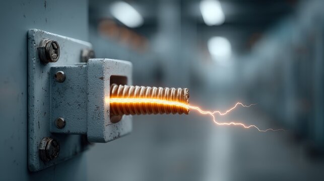 Simplified 3D view of loose screw terminal highlighting neon-orange arcing in switchgear