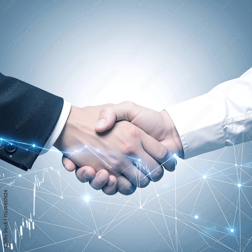 Poster two professional men in business attire shake hands confidently, set against a dynamic digital netwo