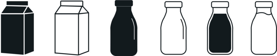 Milk Carton and Beverage Bottle Icons – Black and Outline Variants for Packaging Design